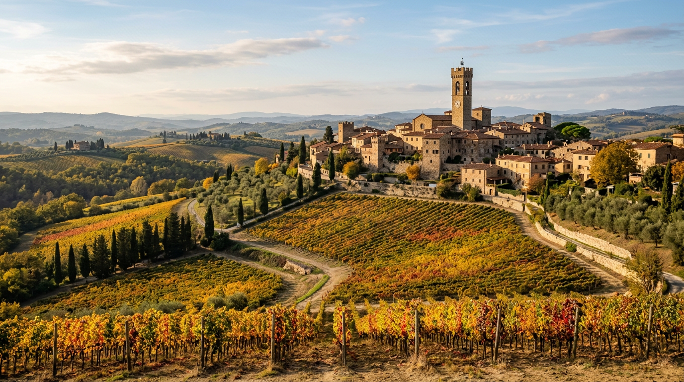 San Casciano Val di Pesa con le mura medievali e i vigneti del Chianti sullo sfondo