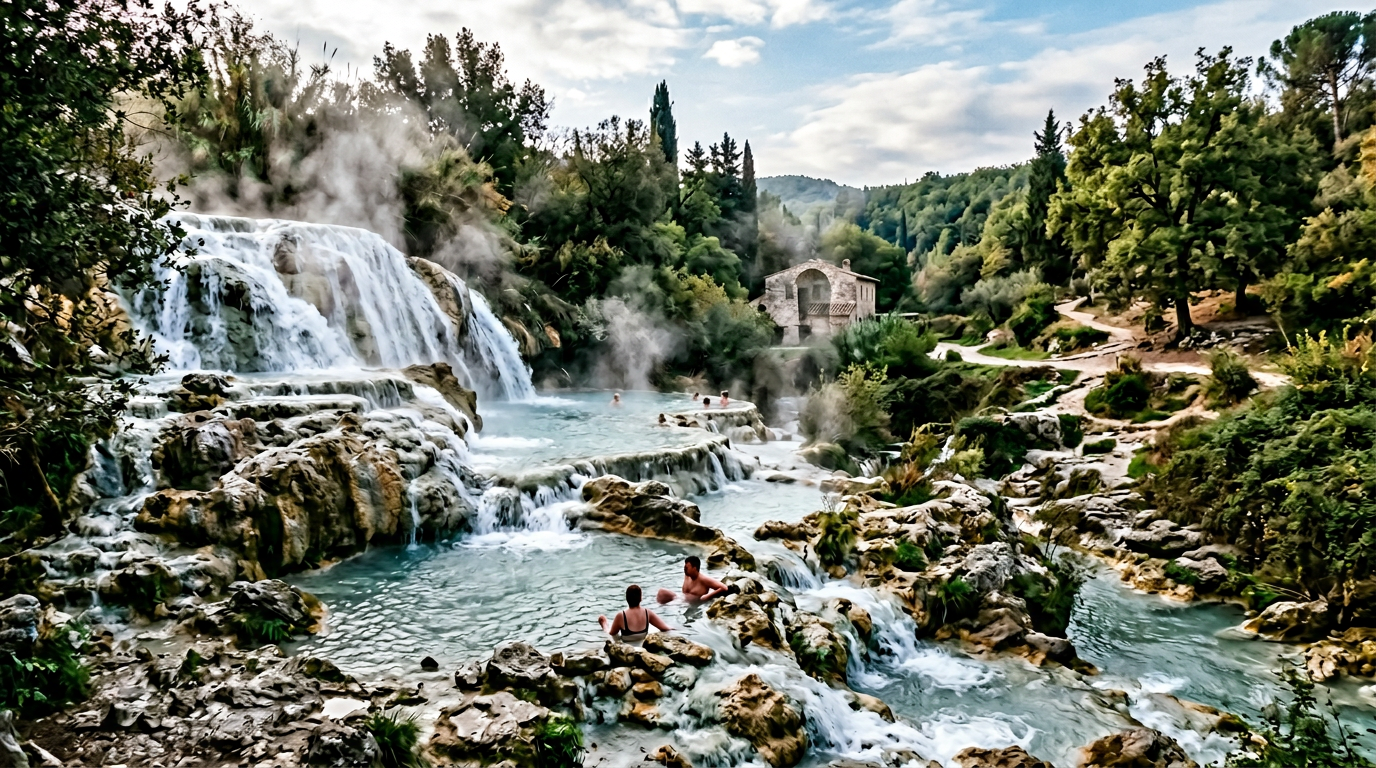 Vasche termali naturali di Petriolo lungo il fiume Farma in autunno