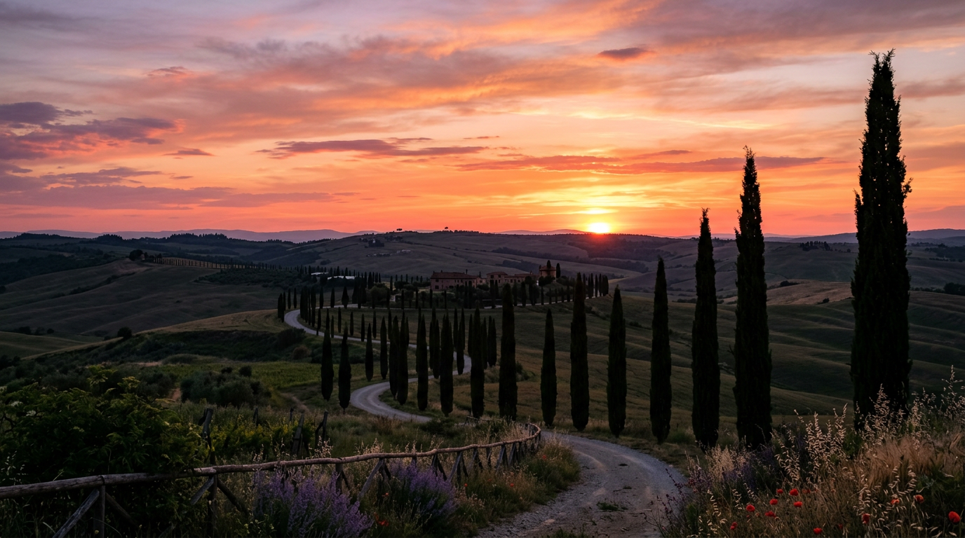 Tramonto sulle colline della Val d'Elsa con cipressi in primo piano