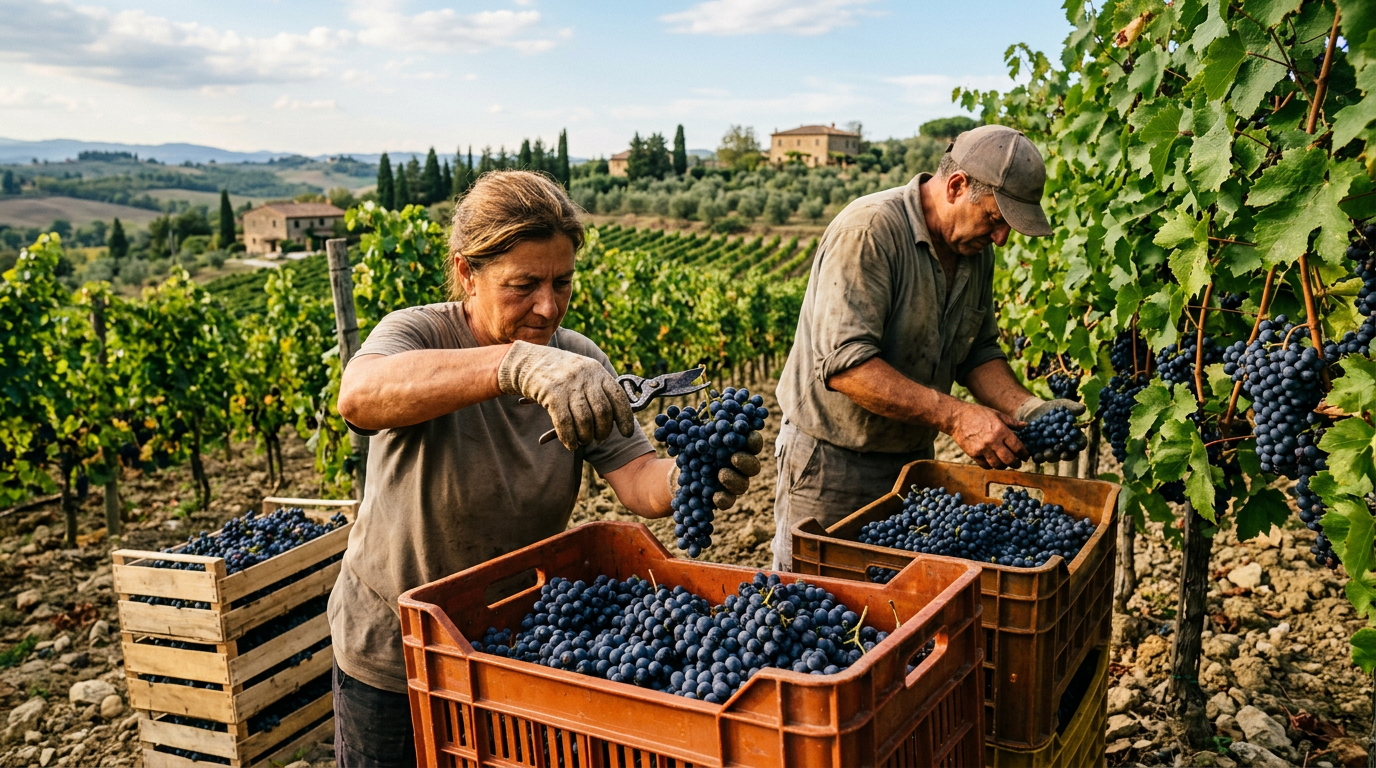 Cestino di uva sangiovese durante la vendemmia nel Chianti