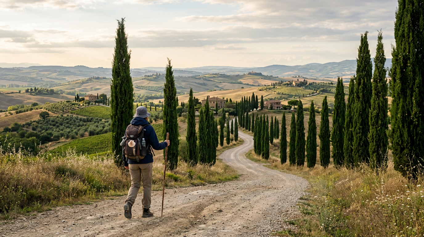 Sentiero della Via Francigena tra i cipressi in Toscana verso Siena