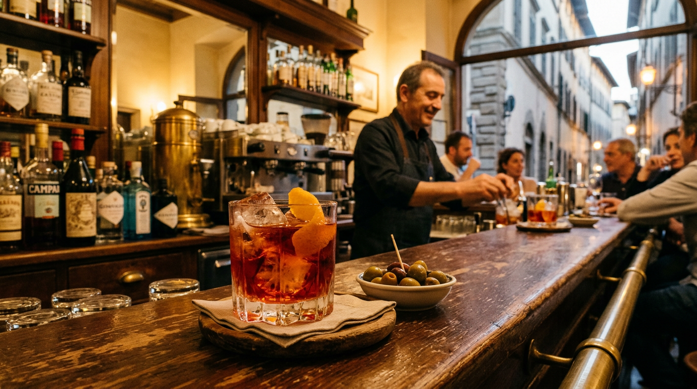 Negroni e stuzzichini su un bancone di enoteca fiorentina