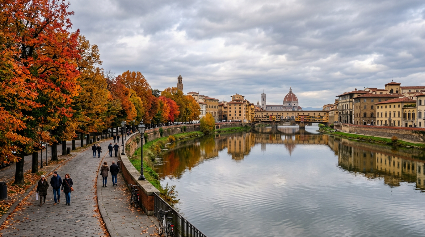 Viale alberato con foglie autunnali vicino a Firenze in ottobre