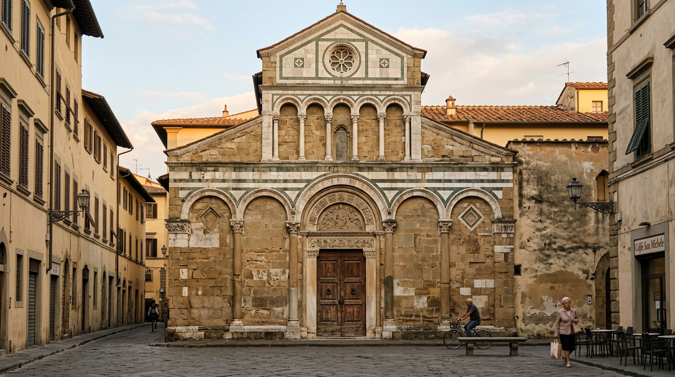 La facciata romanica di San Miniato al Monte a Firenze con i mosaici dorati