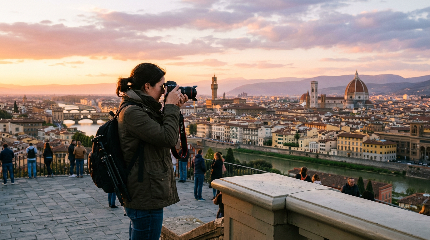 Vista panoramica di Firenze al tramonto con la cupola del Brunelleschi in primo piano