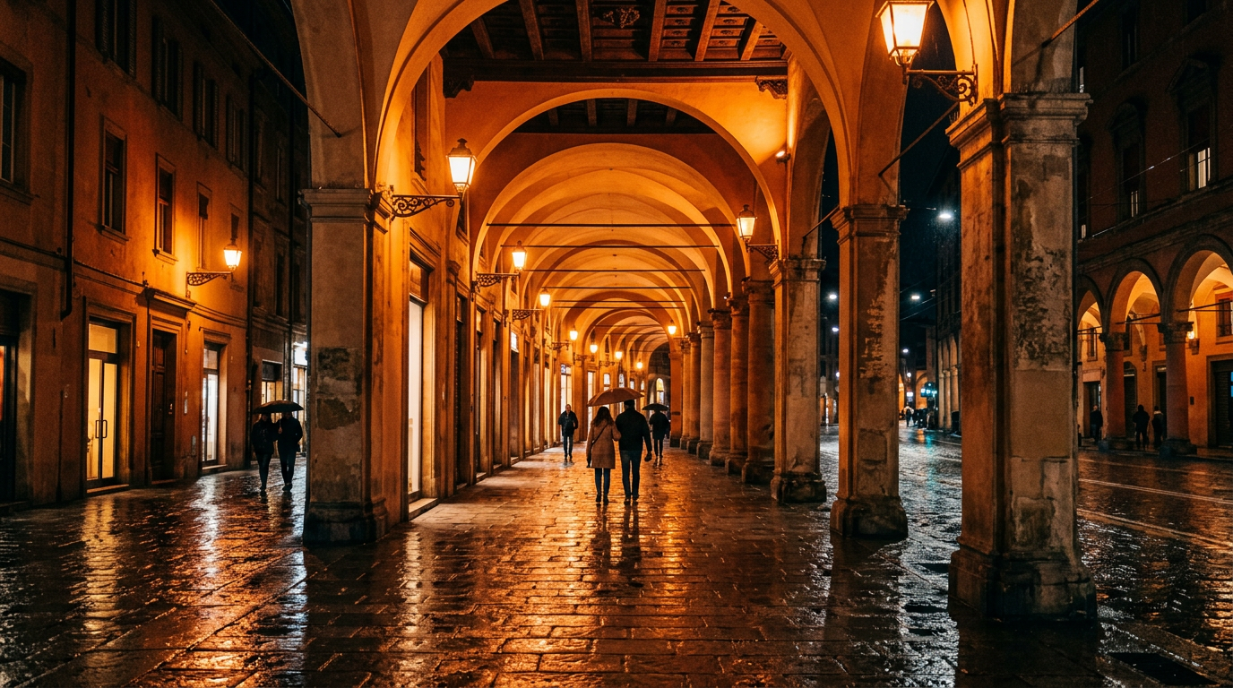 I portici di Bologna in Via dell'Indipendenza con la Torre degli Asinelli sullo sfondo