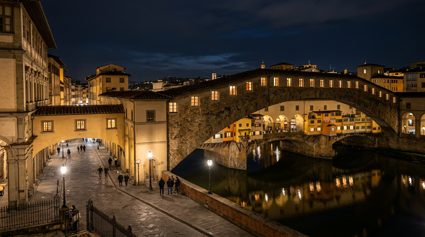 Il corridoio di notte a Palazzo Vecchio con luci basse e atmosfera medievale