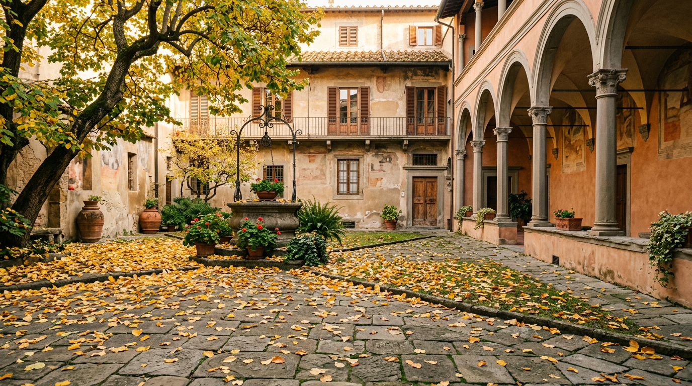 Centro storico di Firenze in autunno con foglie dorate e Duomo sullo sfondo