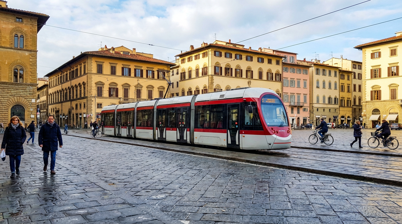 Tram moderno in Via Alamanni vicino alla stazione di Firenze SMN