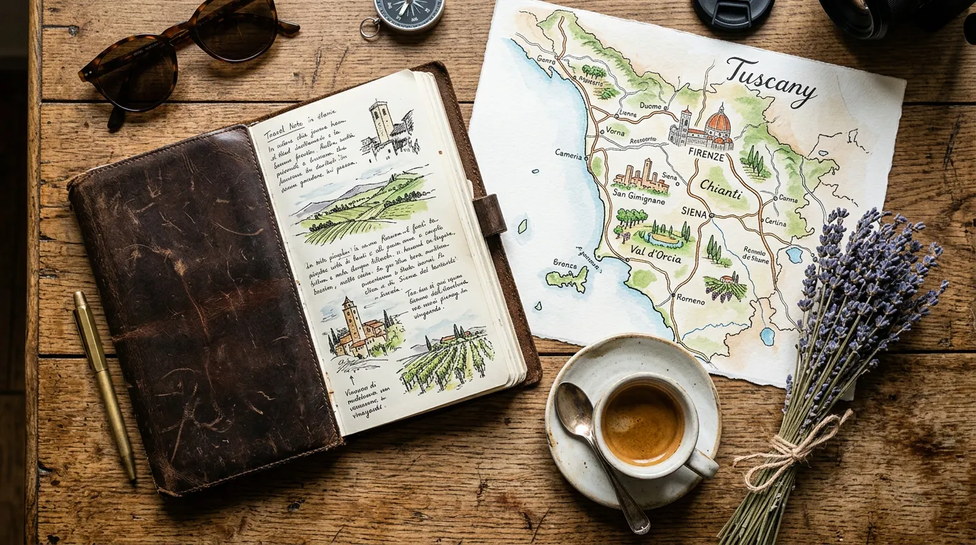 Veduta aerea delle colline toscane con borghi medievali e cipressi