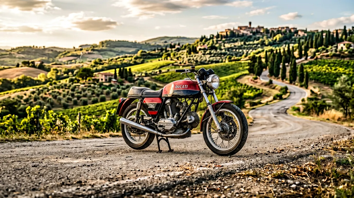 Motociclista su strada panoramica toscana con colline e cipressi sullo sfondo