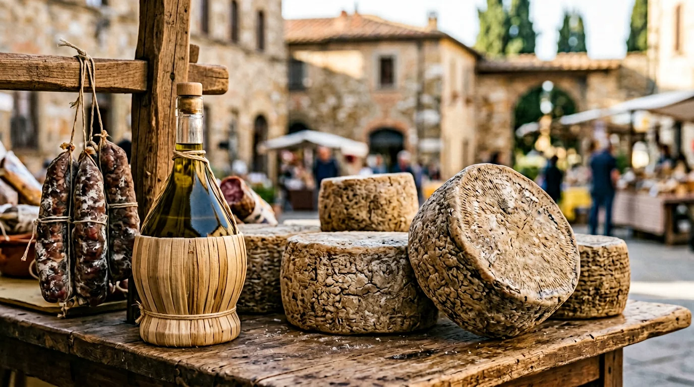 Tagliere con prodotti tipici toscani: salumi, formaggi, vino e olio