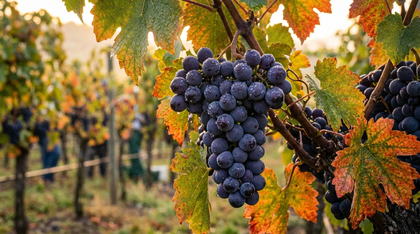 Vigneti del Chianti in autunno con foglie rosse e dorate al tramonto
