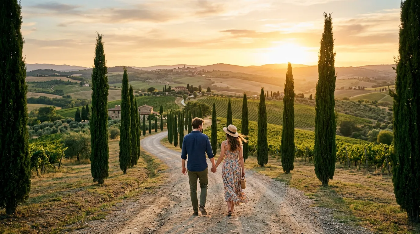 Coppia al tramonto con vista sulle colline toscane e calici di vino