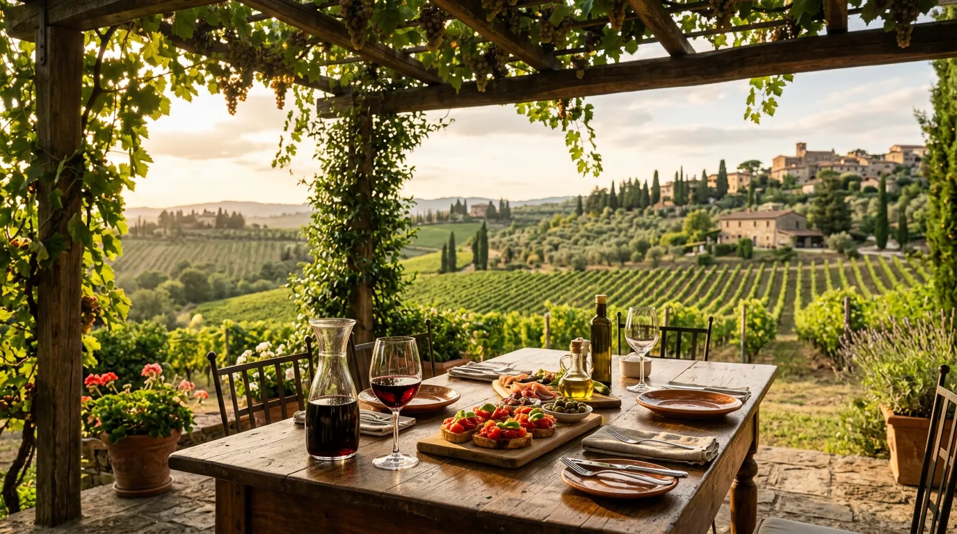 Panorama di borgo medievale toscano con torri e colline al tramonto