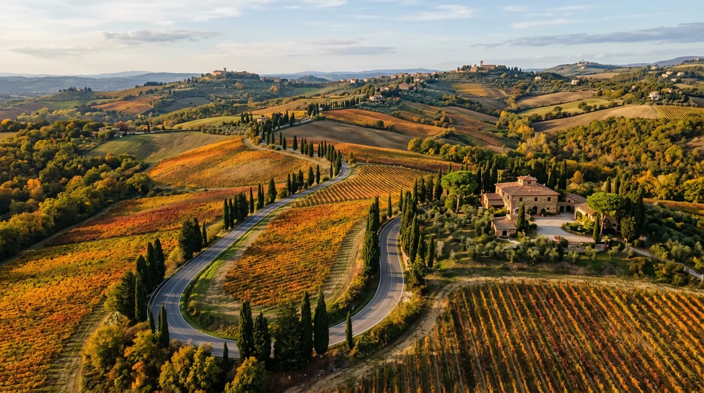 Strada bianca nel Chianti con cipressi e vigneti autunnali