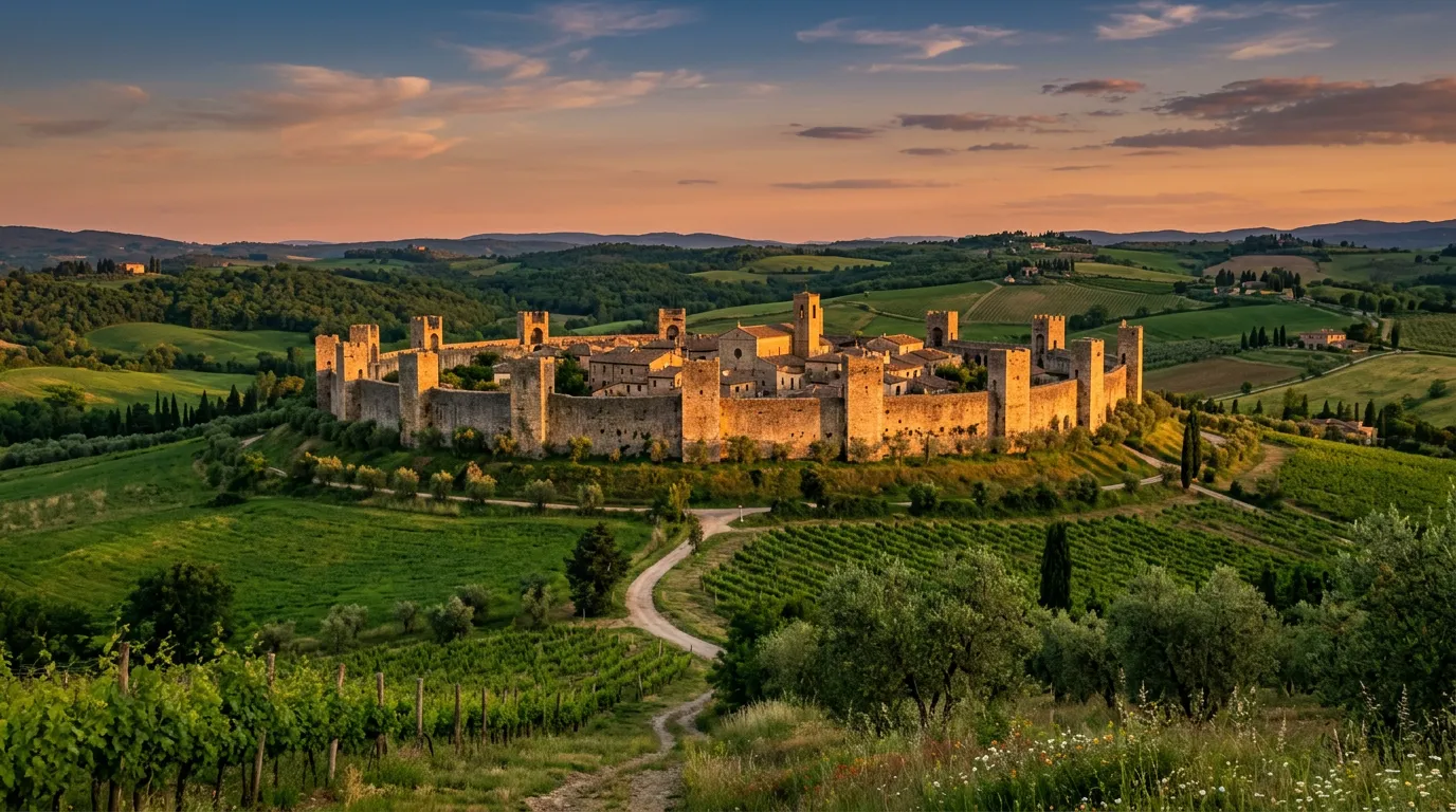 Le mura medievali di Monteriggioni con le 14 torri emergenti dalla campagna senese