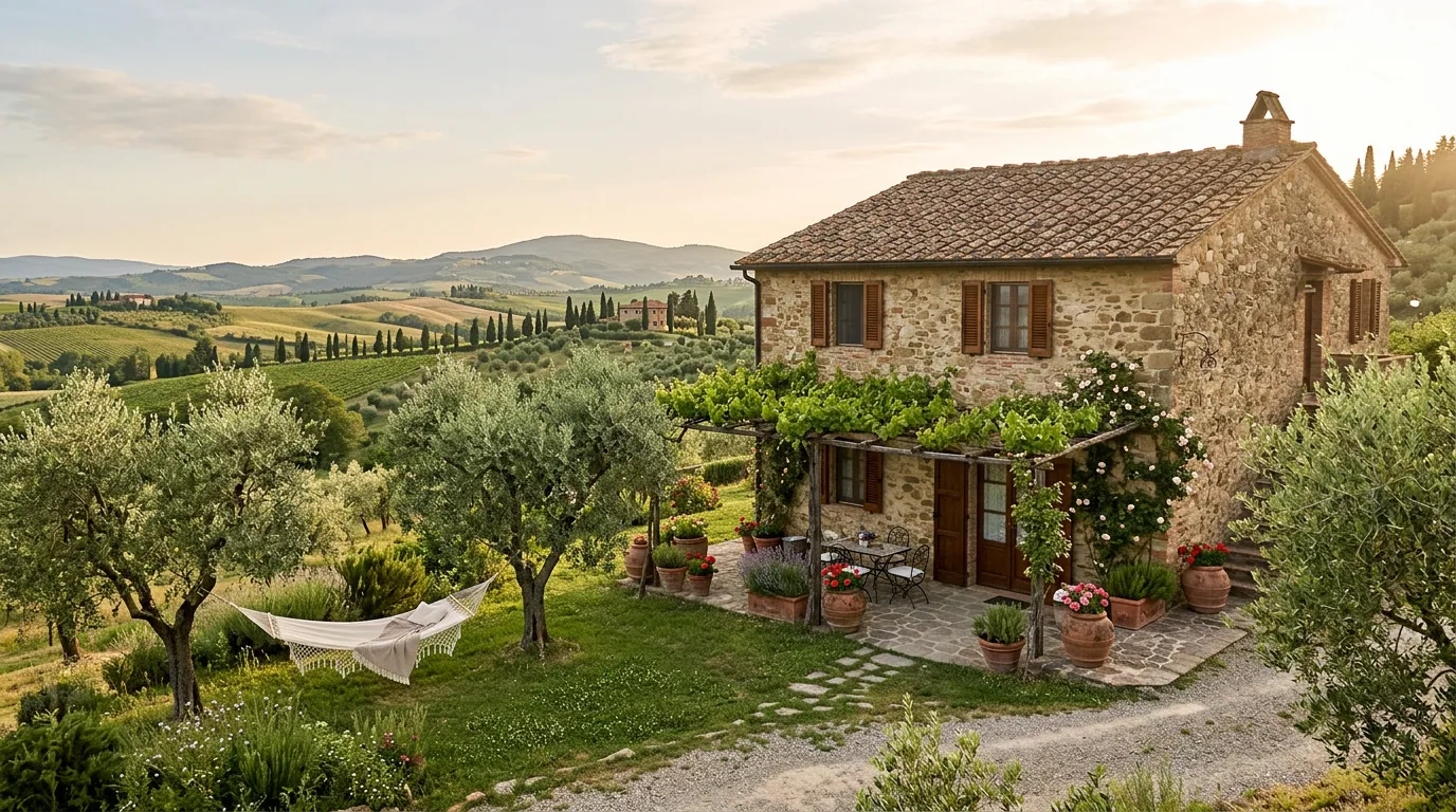 Agriturismo toscano circondato da cipressi e vigneti nella Val d'Elsa in primavera